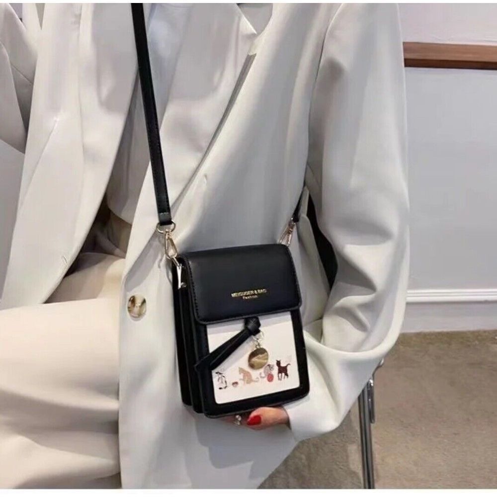 Korean Fashion Black Mini Faux Leather Phone Bag Crossbody‎ Handbag Cats NWT